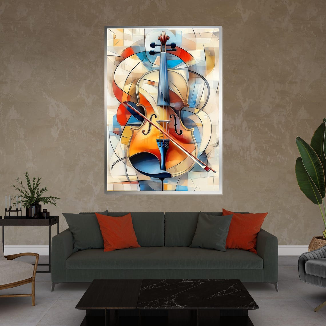 Cubist Style Violin with Bow Warm Red Blue Abstract Music Poster - Image 4