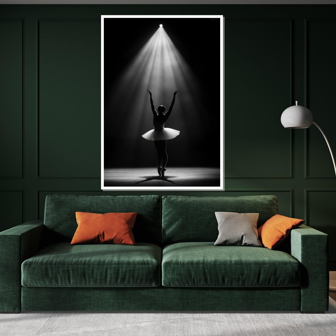 Ballerina Silhouette Under Stage Spotlight Black and White Poster - Image 3