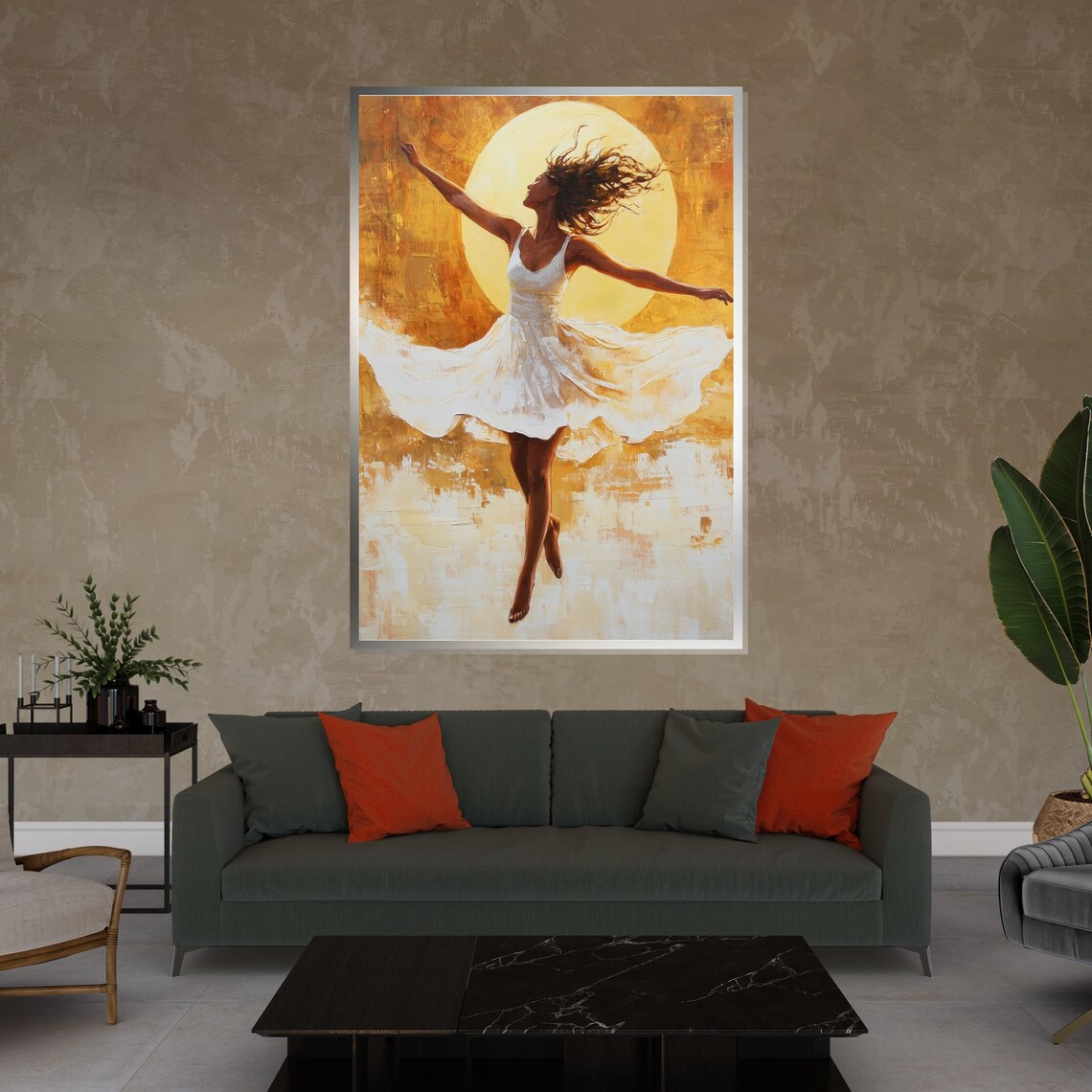 Woman White Dress Dancing Before Radiant Golden Sun Art Poster - Image 4