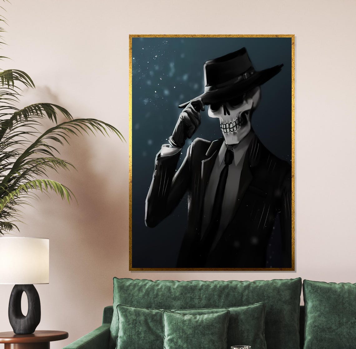 Mysterious Skeleton in Suit Tipping Fedora Night Scene Poster