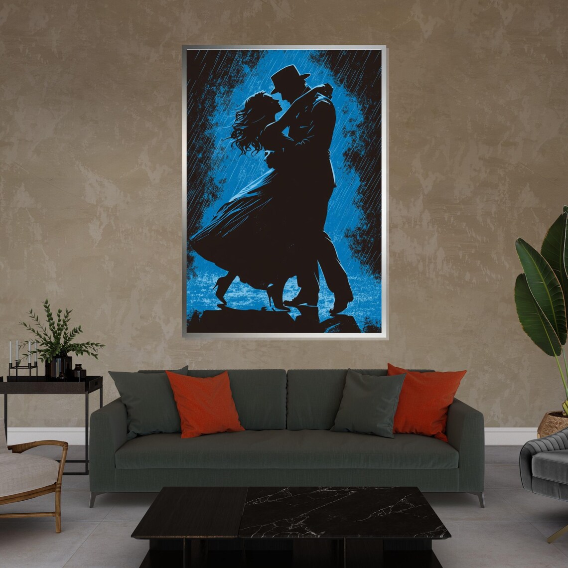 Dancing Couple In The Rain Blue Night Silhouette Romantic Dance Poster - Image 4