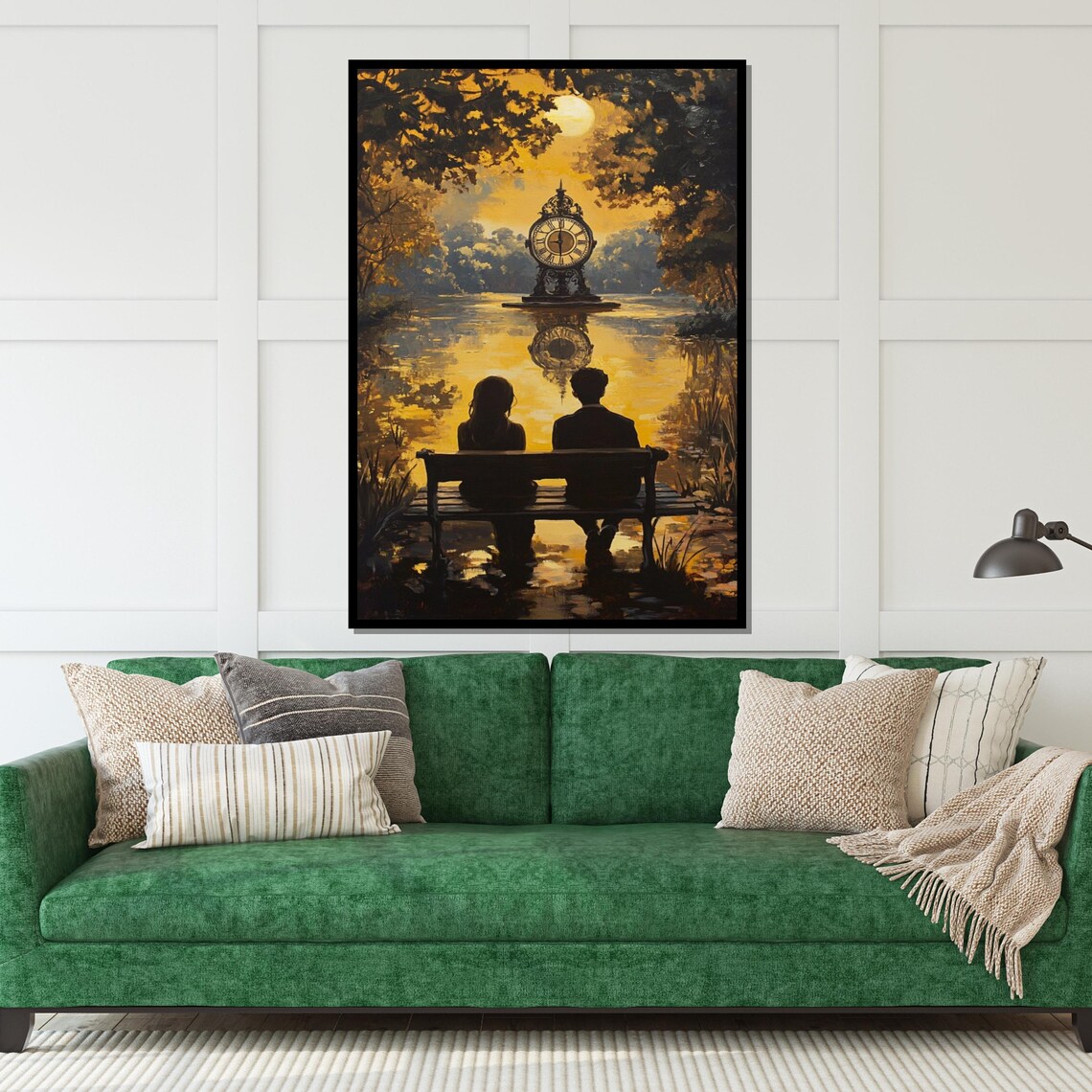 Romantic Couple Watching Golden Clock on Lake Dreamy Sunset Poster - Image 5