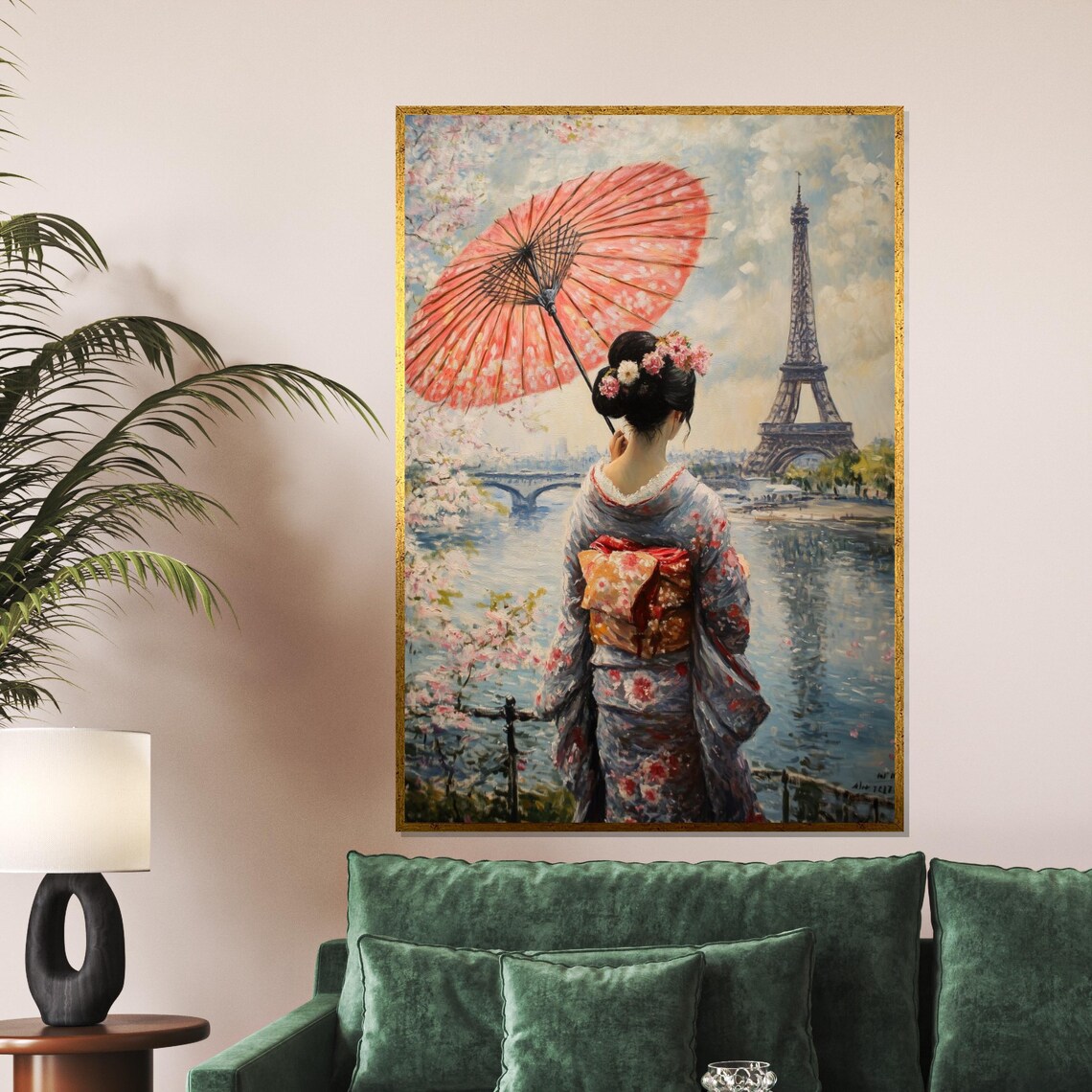 Geisha Eiffel Tower Paris Pink Parasol Cultural Fusion Art Poster