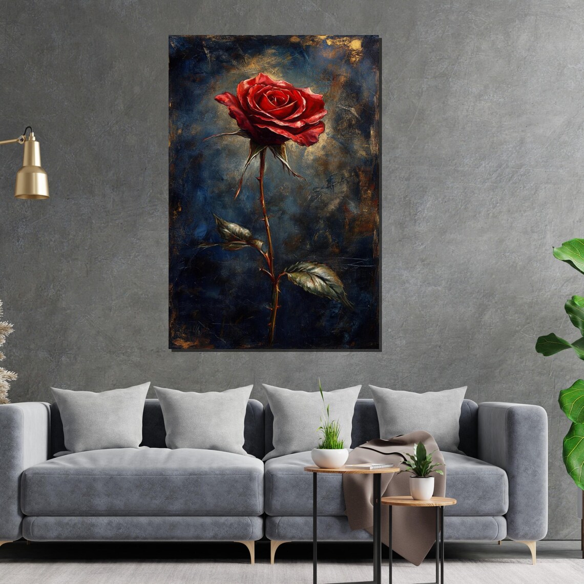 Single Red Rose Dark Moody Oil Painting Botanical Vivid Wall Art - Image 2