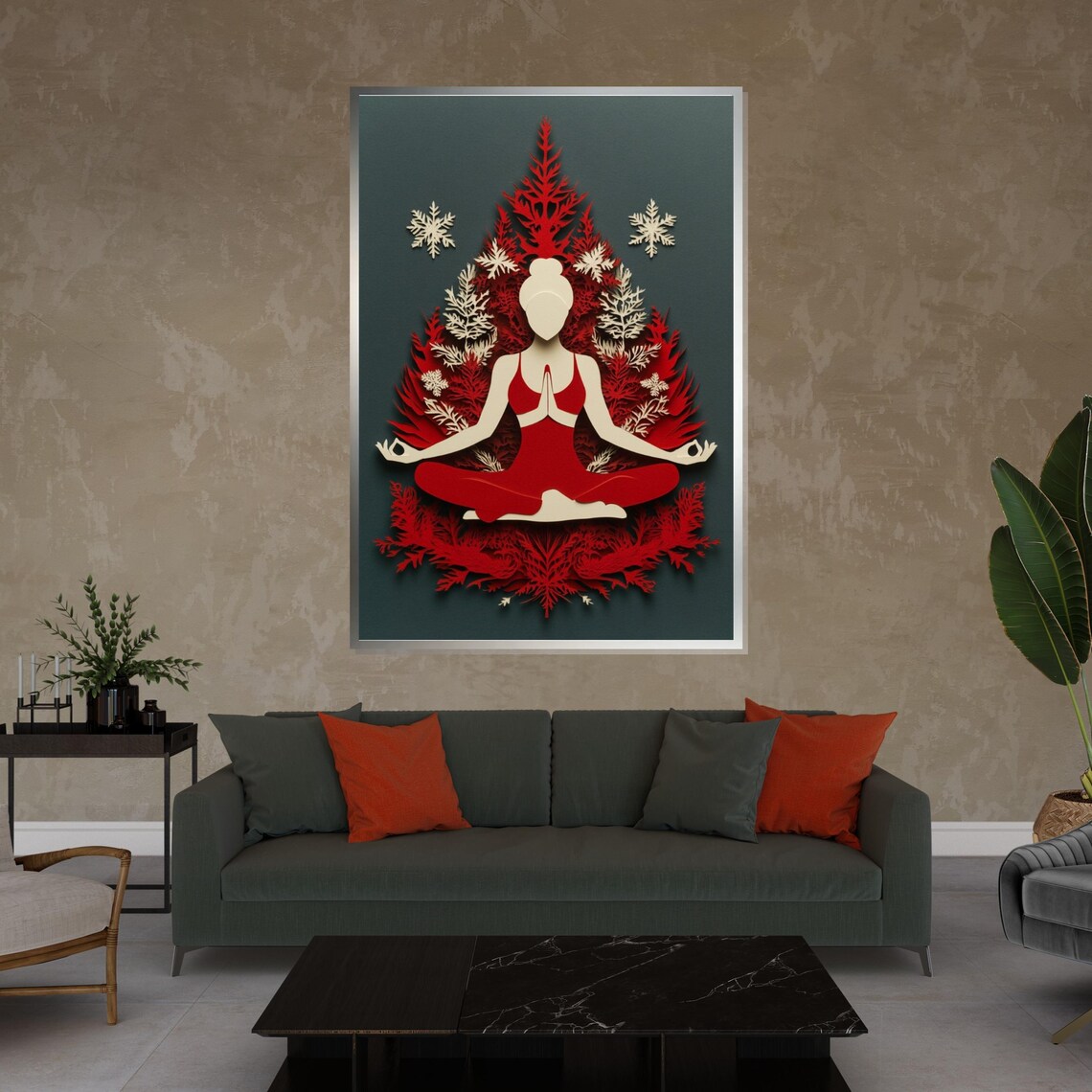 Red Meditating Woman Silhouette Paper Cut Style Yoga Art Poster - Image 4