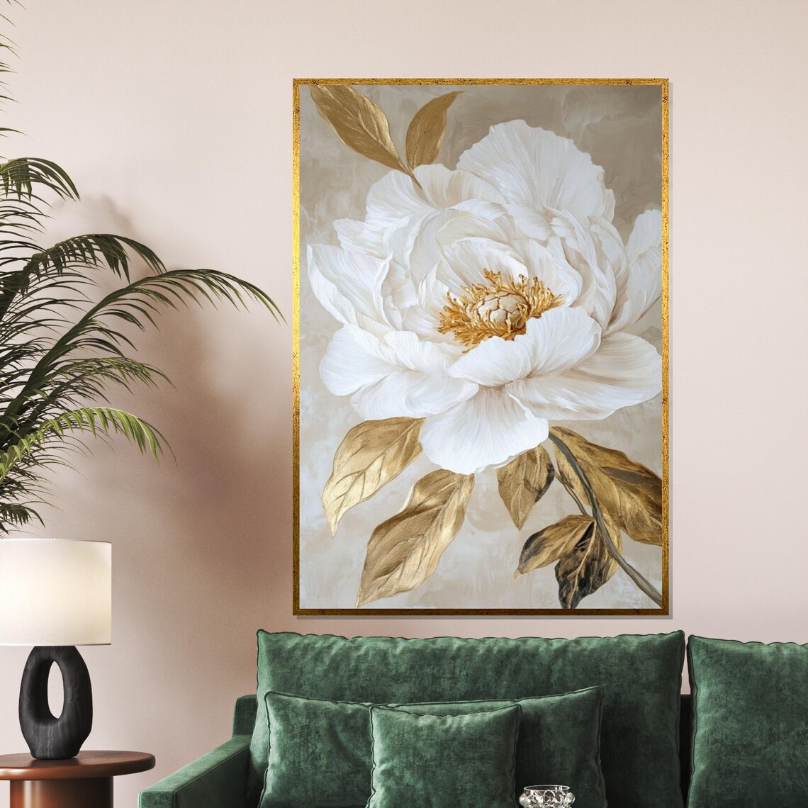 White Peony Golden Leaves Cream Background Classic Elegant Art Poster