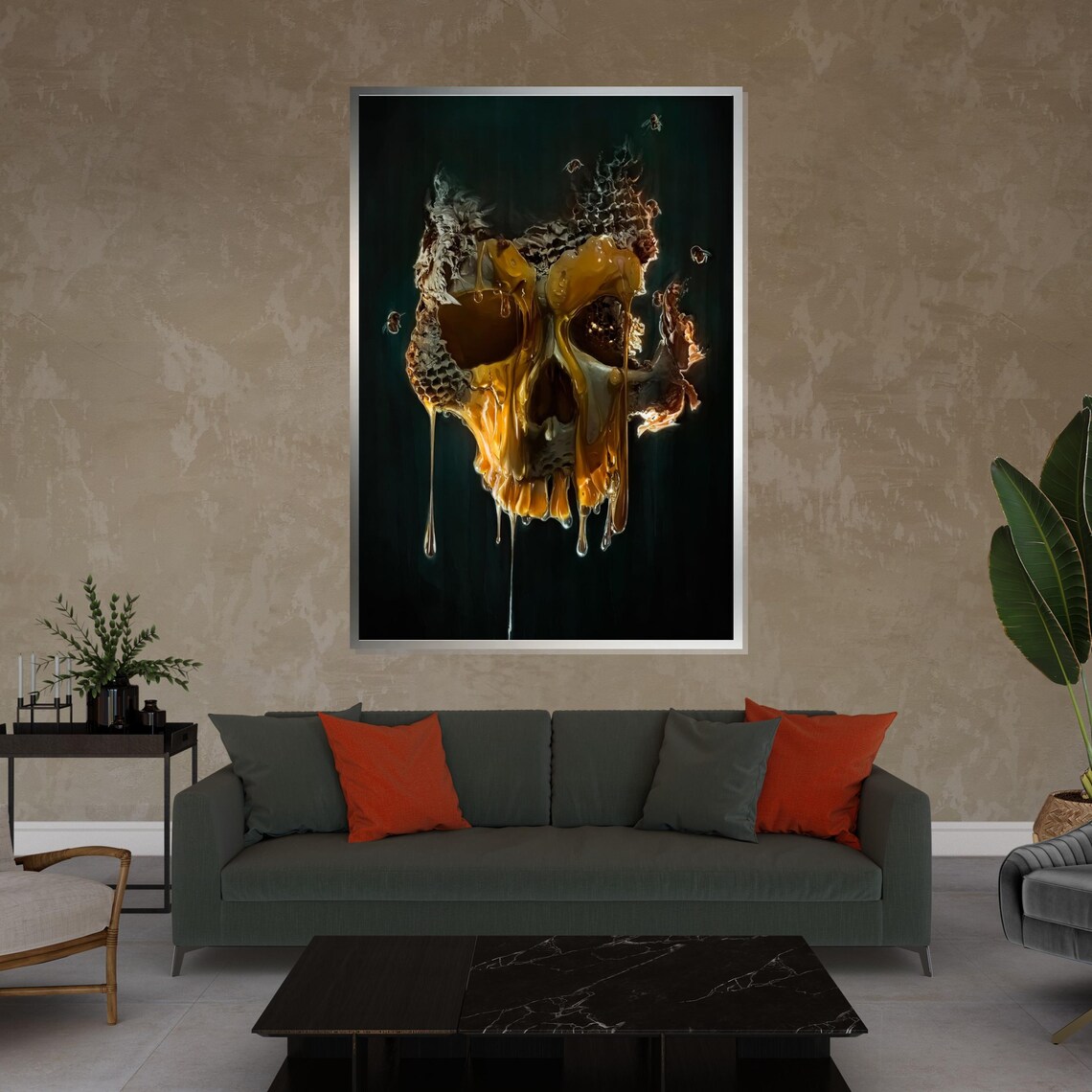Melting Skull Dripping With Golden Honey Dark Surreal Art Poster - Image 4