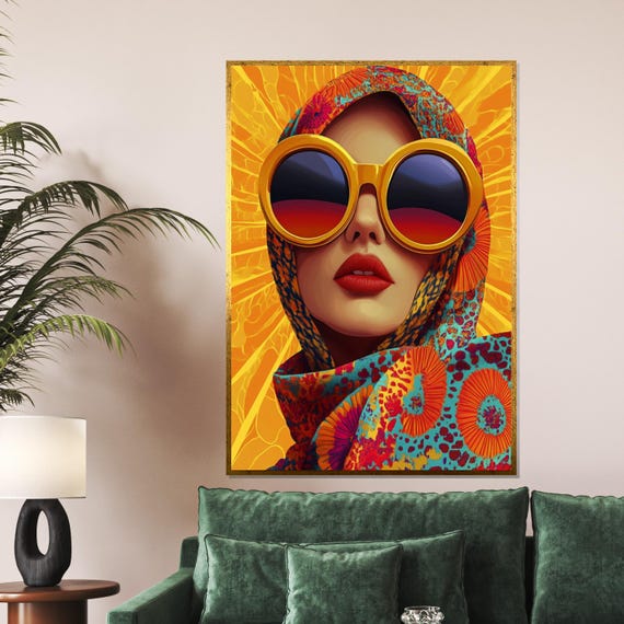 Bold Sunglasses Art Vibrant Scarf Art Modern Fashion Portrait Wall Art Design Framed Ready To Hang Decoration