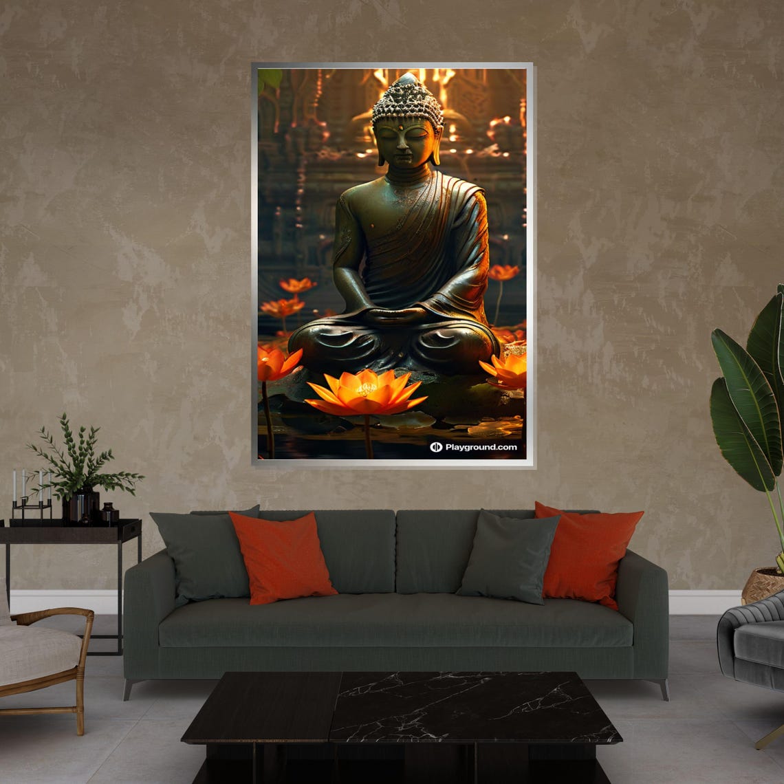 Bronze Buddha Statue Glowing Lotus Temple Night Garden Poster - Image 4