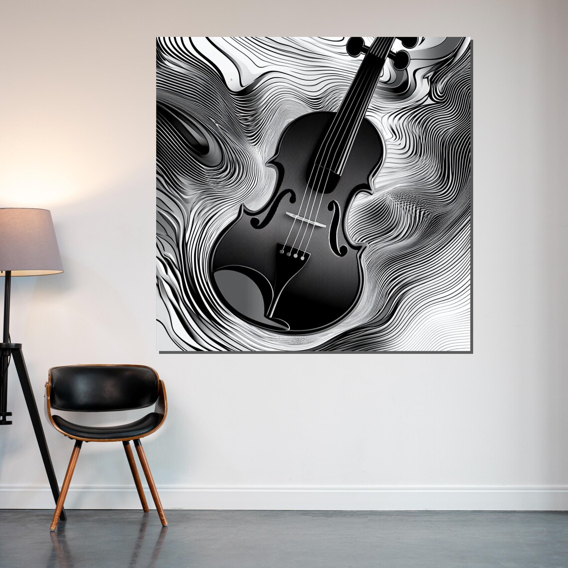 Black Violin on Swirling Monochrome Line Art Modern Music Poster - Image 2