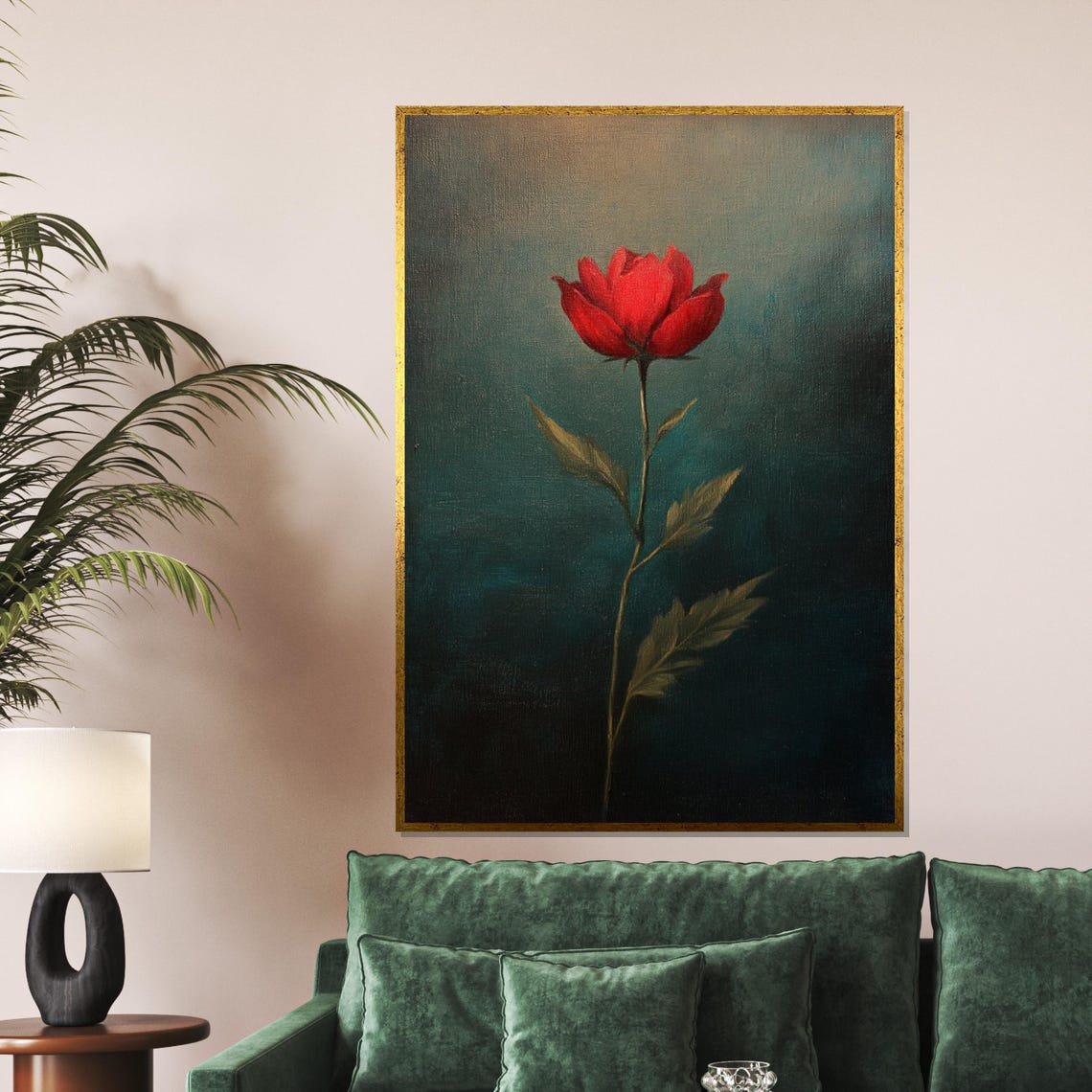 Single Red Rose On Deep Teal Moody Botanical Minimalist Wall Art