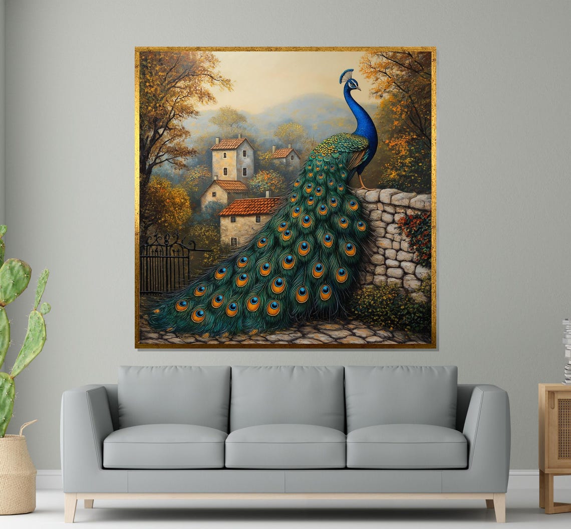 Peacock On Stone Wall Overlooking Tuscan Village Scenic Art Poster