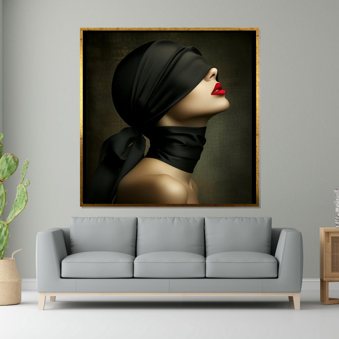 Blindfolded Beauty With Red Lips Dramatic Silk Blindfold Art Poster - Image 5