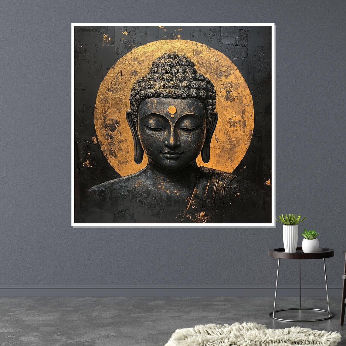 Black and Gold Buddha Head Golden Halo Sacred Spiritual Art Poster - Image 3