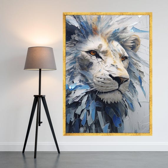 Majestic White Lion Canvas Wall Art Abstract Wildlife Painting Blue And Gray Animal Decor Modern Nature Ready To Hang