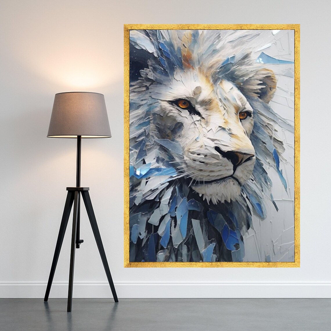 White Lion Abstract Wildlife Painting Blue Gray Majestic Mane Art Poster