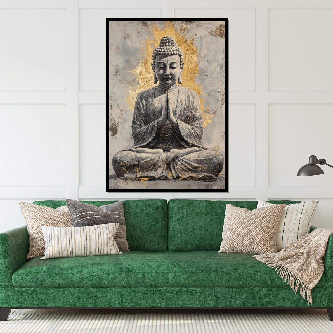 Monochrome Buddha Praying Hands Gold Halo Spiritual Art Poster - Image 5