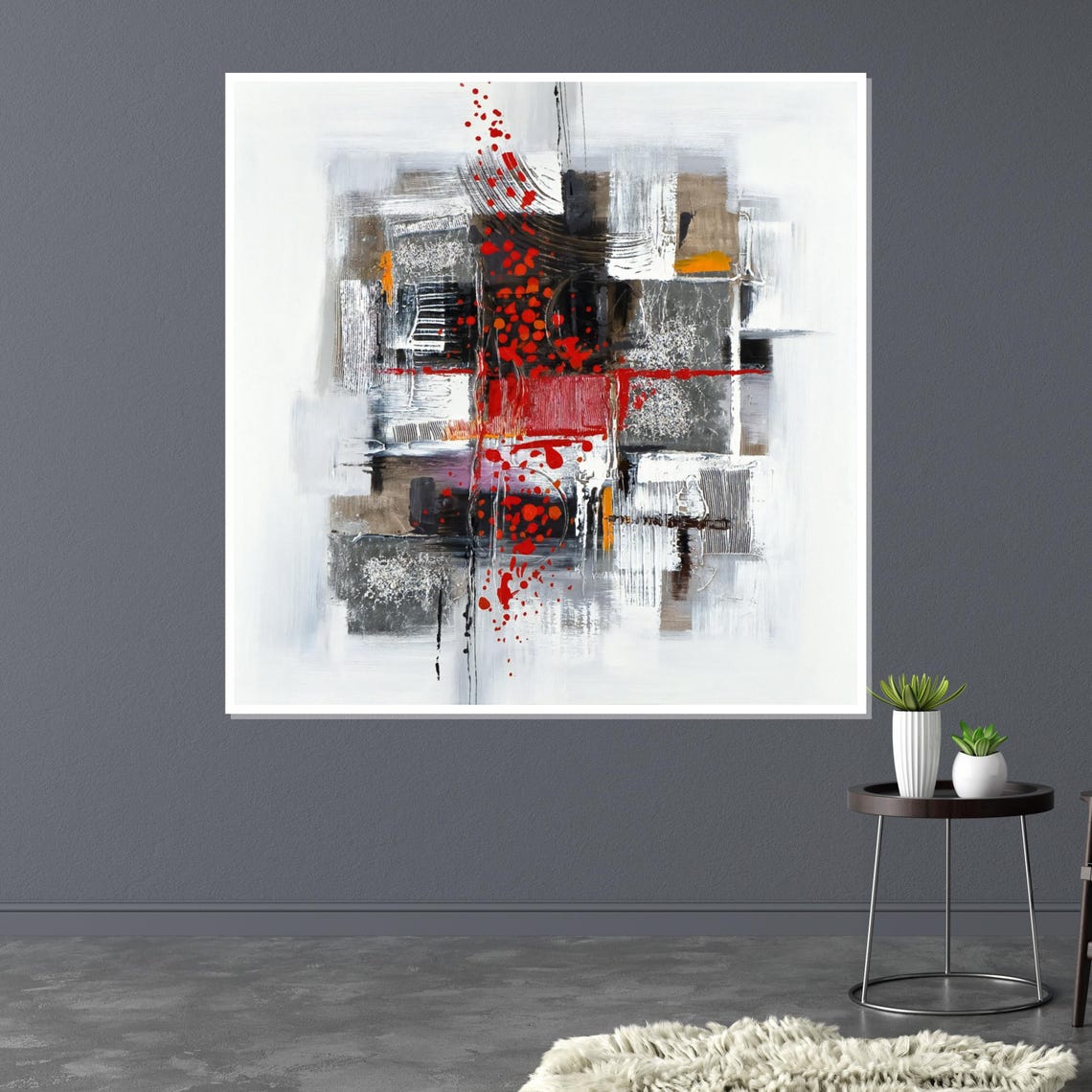 Bold Red Splash Abstract Gray Geometric Modern Minimal Art Poster - Image 3