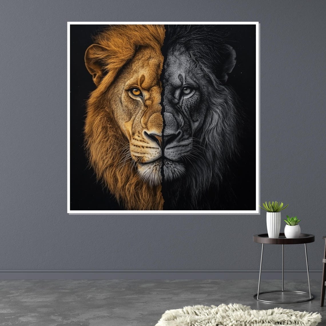 Split Lion Face Gold Black Dual Tone Bold Big Cat Art Poster - Image 3