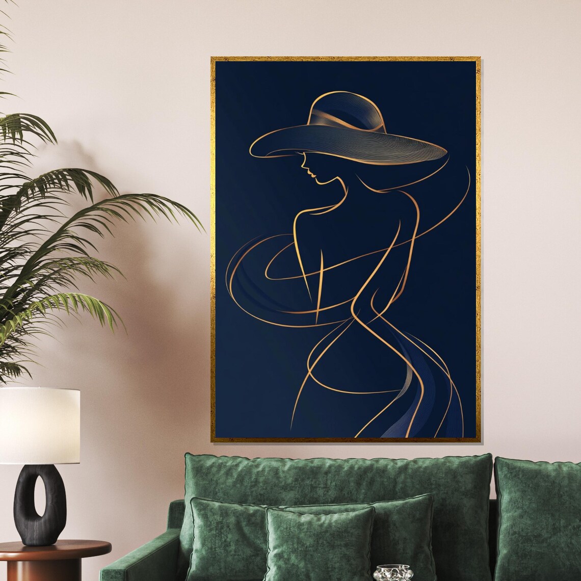 Golden Line Art Woman In Hat On Deep Navy Modern Minimal Style Poster - Image 5