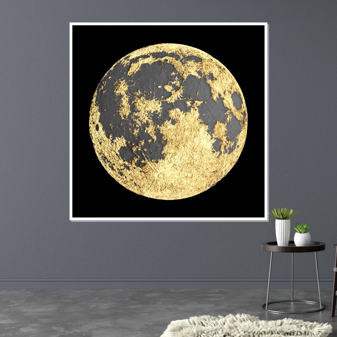 Golden Full Moon Black Night Sky Textured Lunar Celestial Wall Art - Image 3