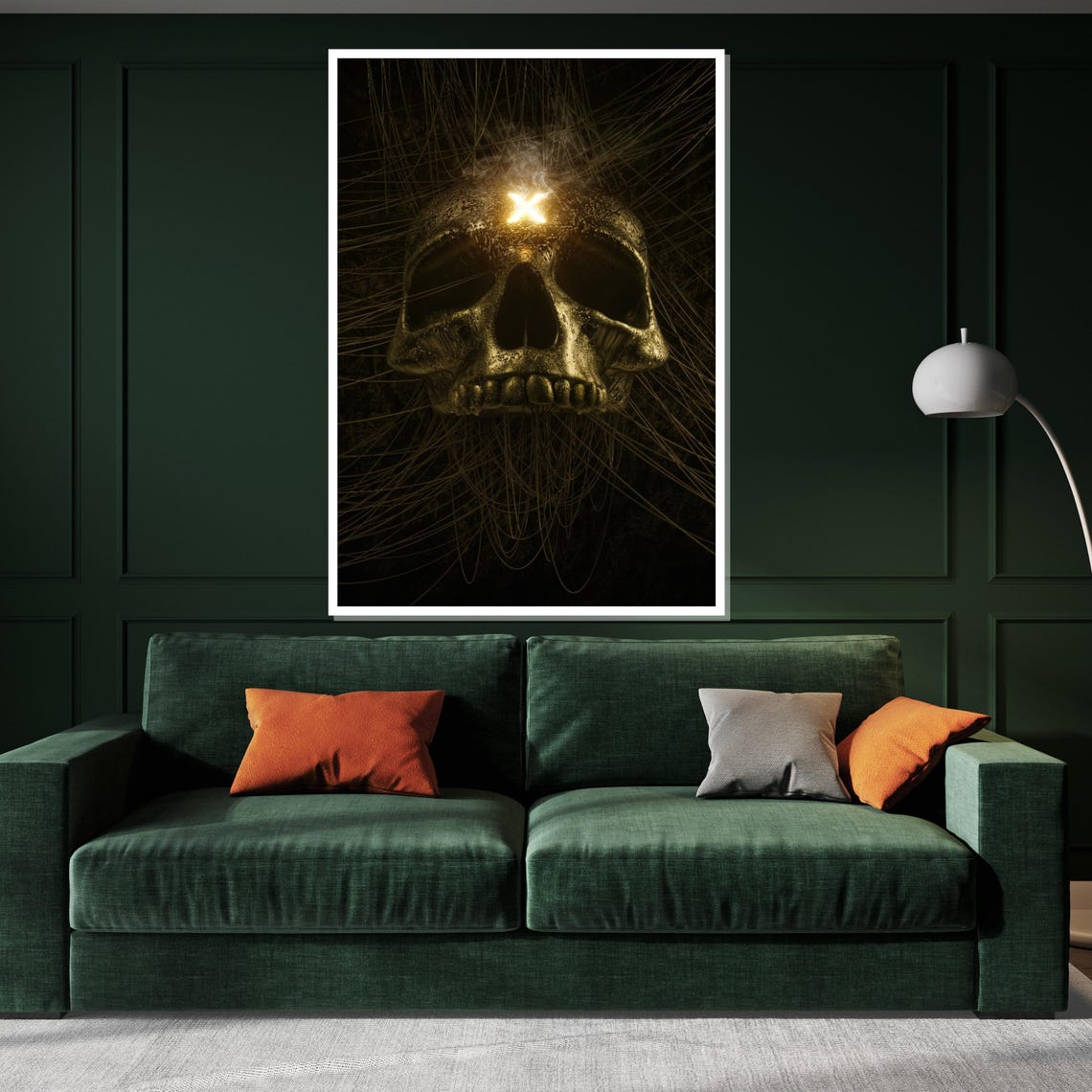 Golden Skull With Glowing Forehead Mark Dark Mystical Art Poster - Image 3