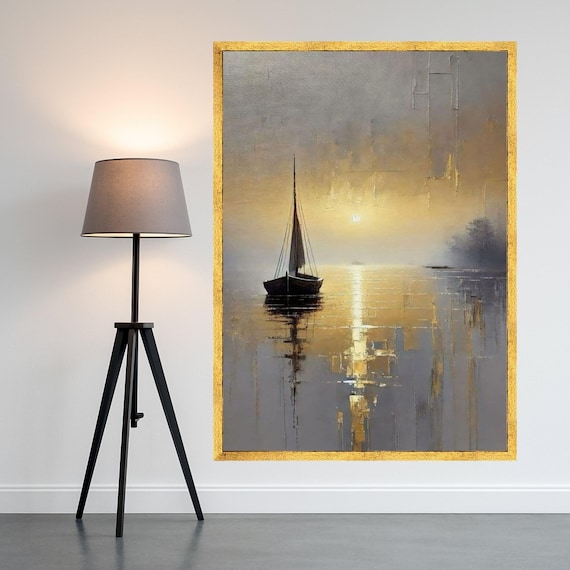 Tranquil Sunrise Sailboat Abstract Golden Water Reflection Poster