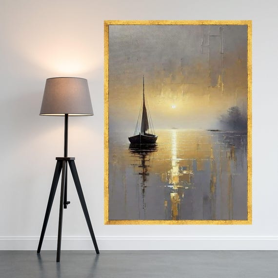 Tranquil Sunrise Sailboat Canvas Abstract Water Reflection Wall Art Golden Misty Lake Landscape Modern Nautical Home Decor Ready To Hang