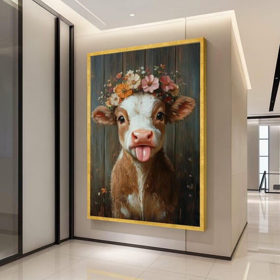 Playful Calf With Flower Crown Canvas Cute Farm Animal Wall Art Rustic Baby Cow Portrait Whimsical Nursery Decor Ready To Hang