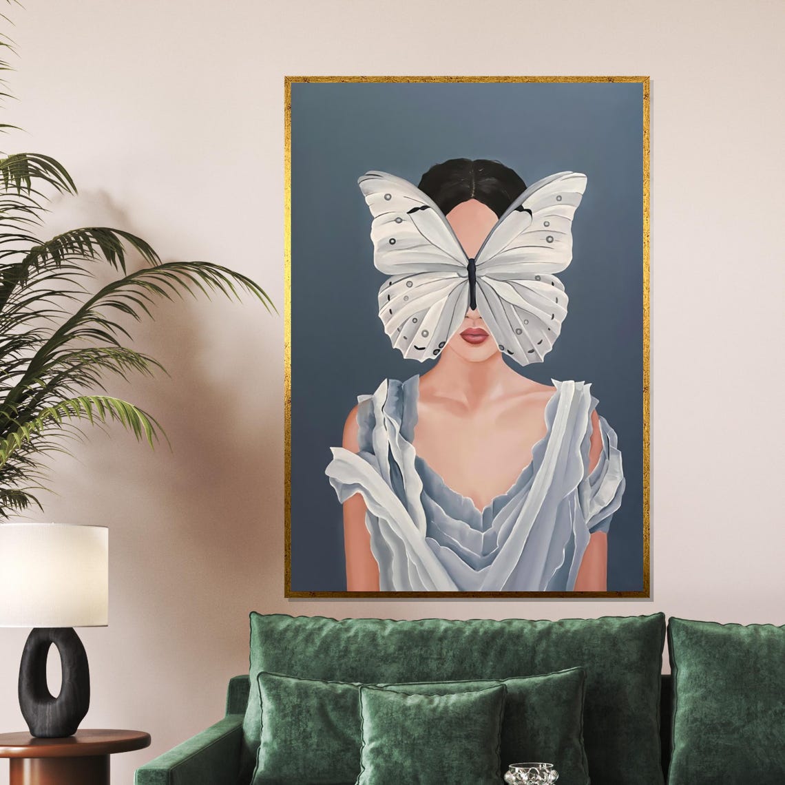 Woman With Butterfly Over Face Surreal Elegant Portrait Poster