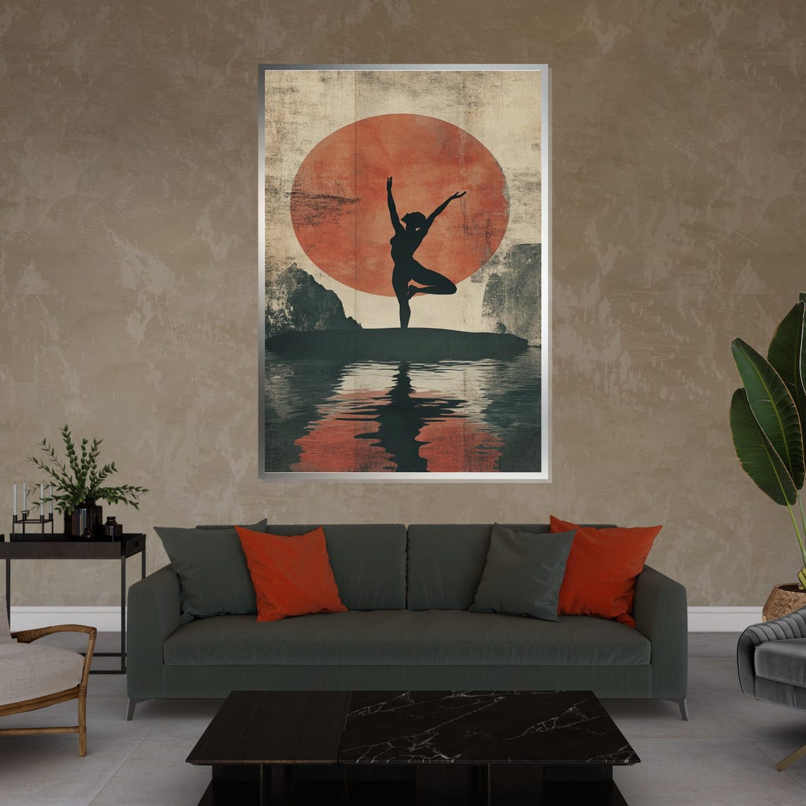 Tree Pose Dancer Red Sun Water Japanese Zen Style Art Poster - Image 4