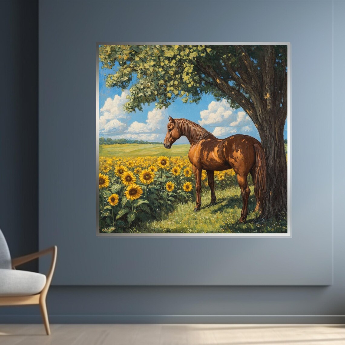 Chestnut Horse By A Tree In A Sunflower Field Pastoral Art Poster - Image 4