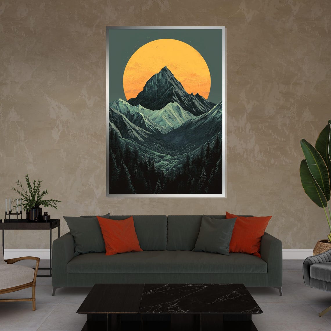 Majestic Mountain Peak Before Giant Orange Sun Dramatic Poster - Image 4