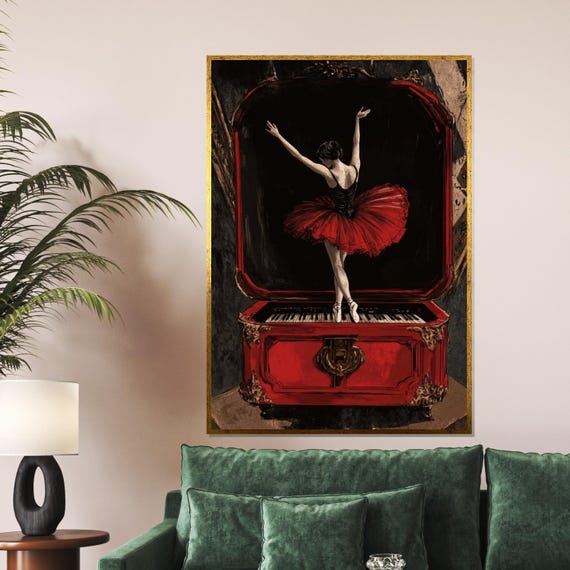 Ballerina Music Box Red Dress Ballet Art Elegant Wall Art Dancer Print Classic Style Decor Wall Art Design Ready To Hang