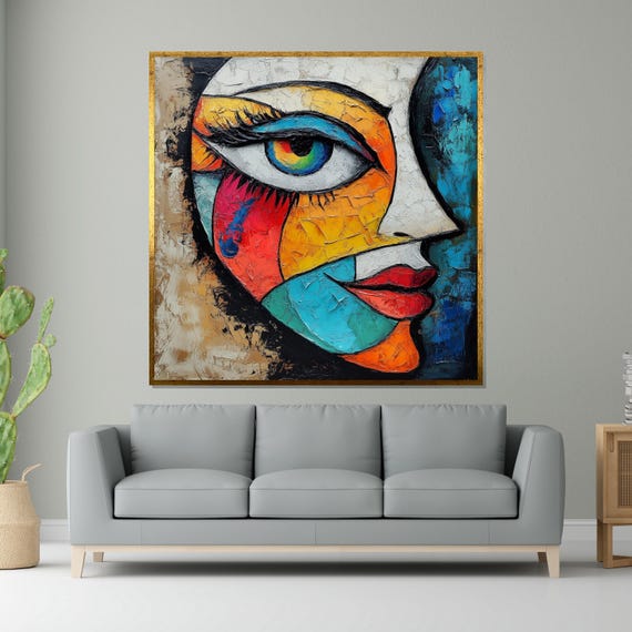Colorful Abstract Face Modern Art Textured Wall Art Picasso Style Vibrant Expression Ready To Hang Art Design