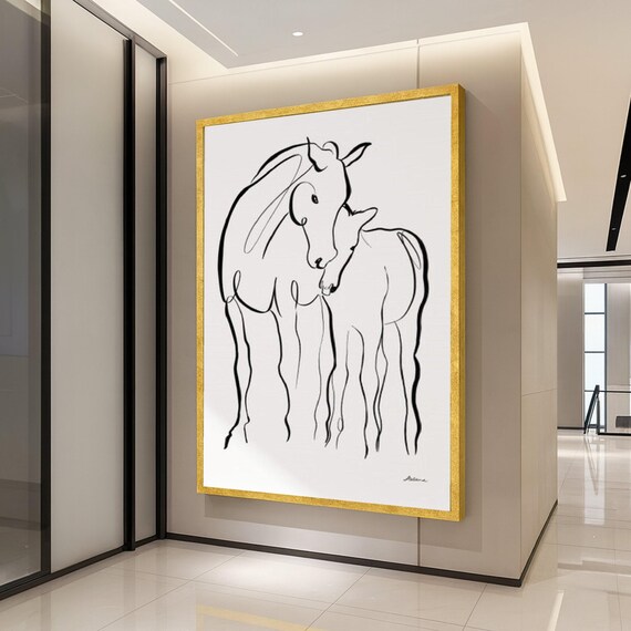 Minimalist Horses Line Art Canvas Mother And Foal Wall Black White Animal Illustration Modern Abstract Ready To Hang