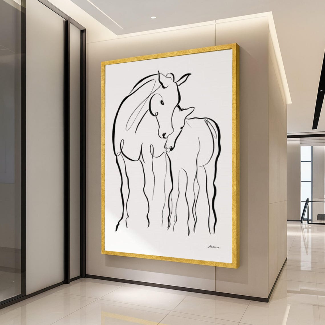 Horse Mare and Foal Minimalist Black Line Art Drawing Poster
