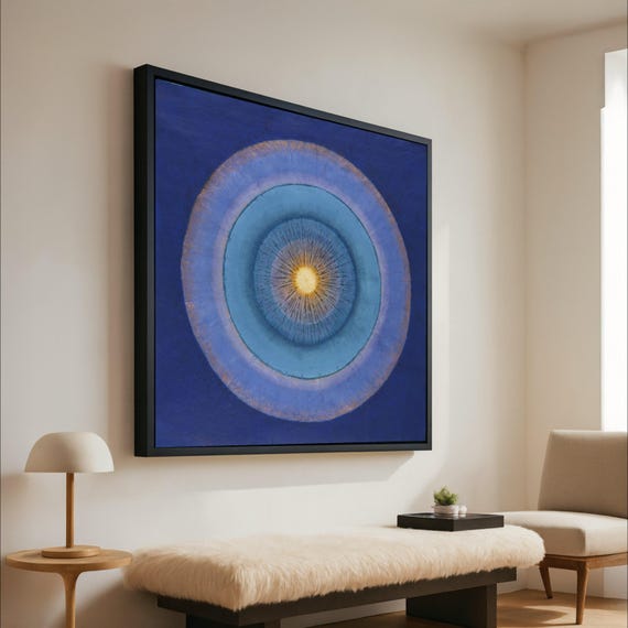 Abstract Blue Circle Burst Canvas Modern Geometric Wall Art Contemporary Home Decor Radiant Sunray Design Ready To Hang