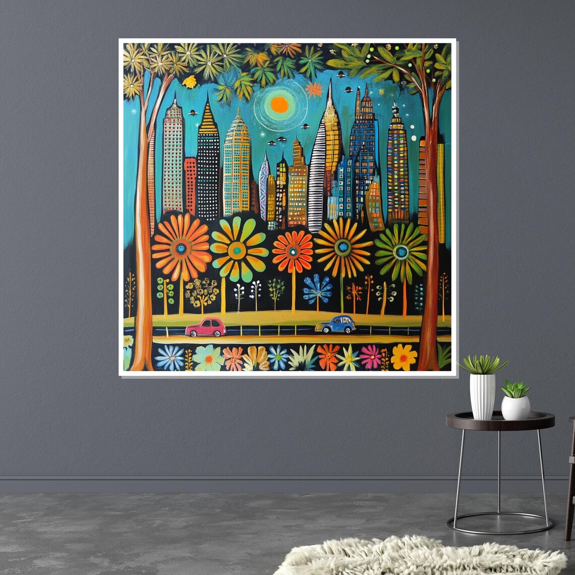Whimsical Colorful City Skyline with Giant Flowers Modern Art Poster - Image 3
