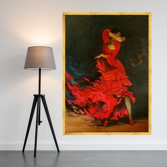 Flamenco Dancer Red Ruffled Dress Spanish Oil Painting Wall Art
