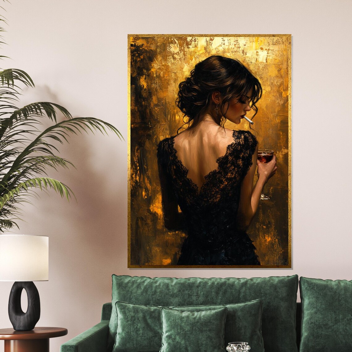Elegant Woman In Black Lace Dress With Wine Golden Glamour Poster - Image 5