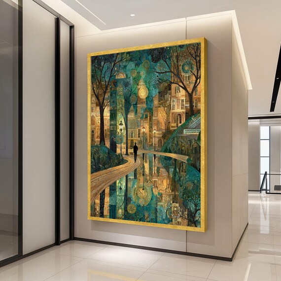 Enchanted Cityscape Mosaic Canvas Urban Nightscape Wall Art Reflective Water Pathway Artistic Landscape Decoration Modern Ready To Hang