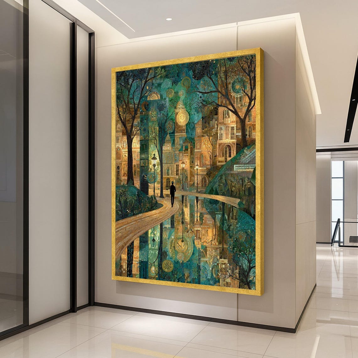Enchanted Night Cityscape Mosaic Teal Gold Reflections Canvas Wall Art
