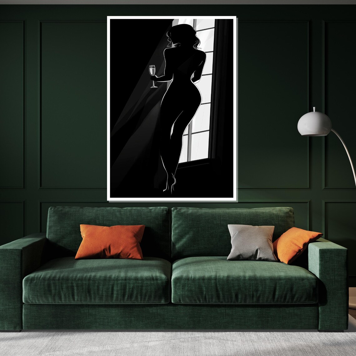 Elegant Silhouette Woman With Wine Glass By Window Noir Style Poster - Image 3