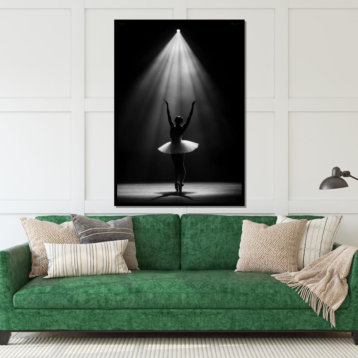 Ballerina Silhouette Under Stage Spotlight Black and White Poster - Image 5