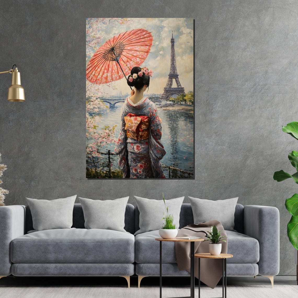 Geisha Eiffel Tower Paris Pink Parasol Cultural Fusion Art Poster - Image 2