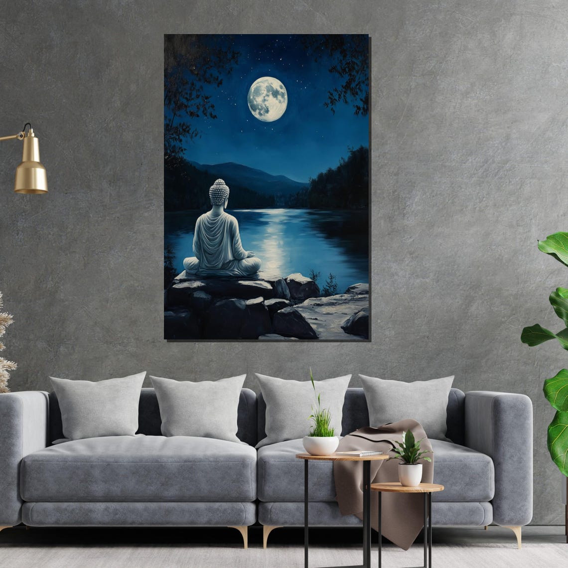 Buddha Meditating Moonlit Lake Night Mountain Serenity Poster - Image 2