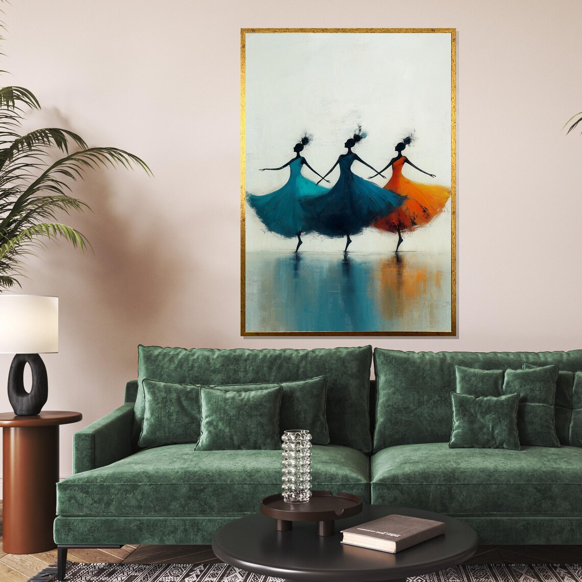 Ballet Dancer Trio Graceful Silhouette Teal Orange Dance Poster