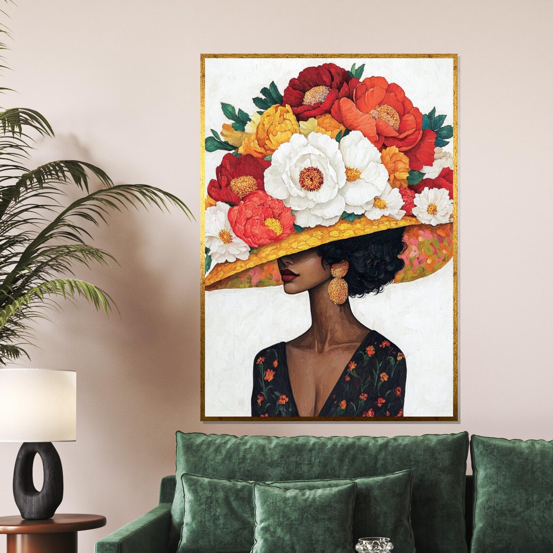 Woman in Flower Hat Vibrant Floral Crown Painterly Portrait Poster
