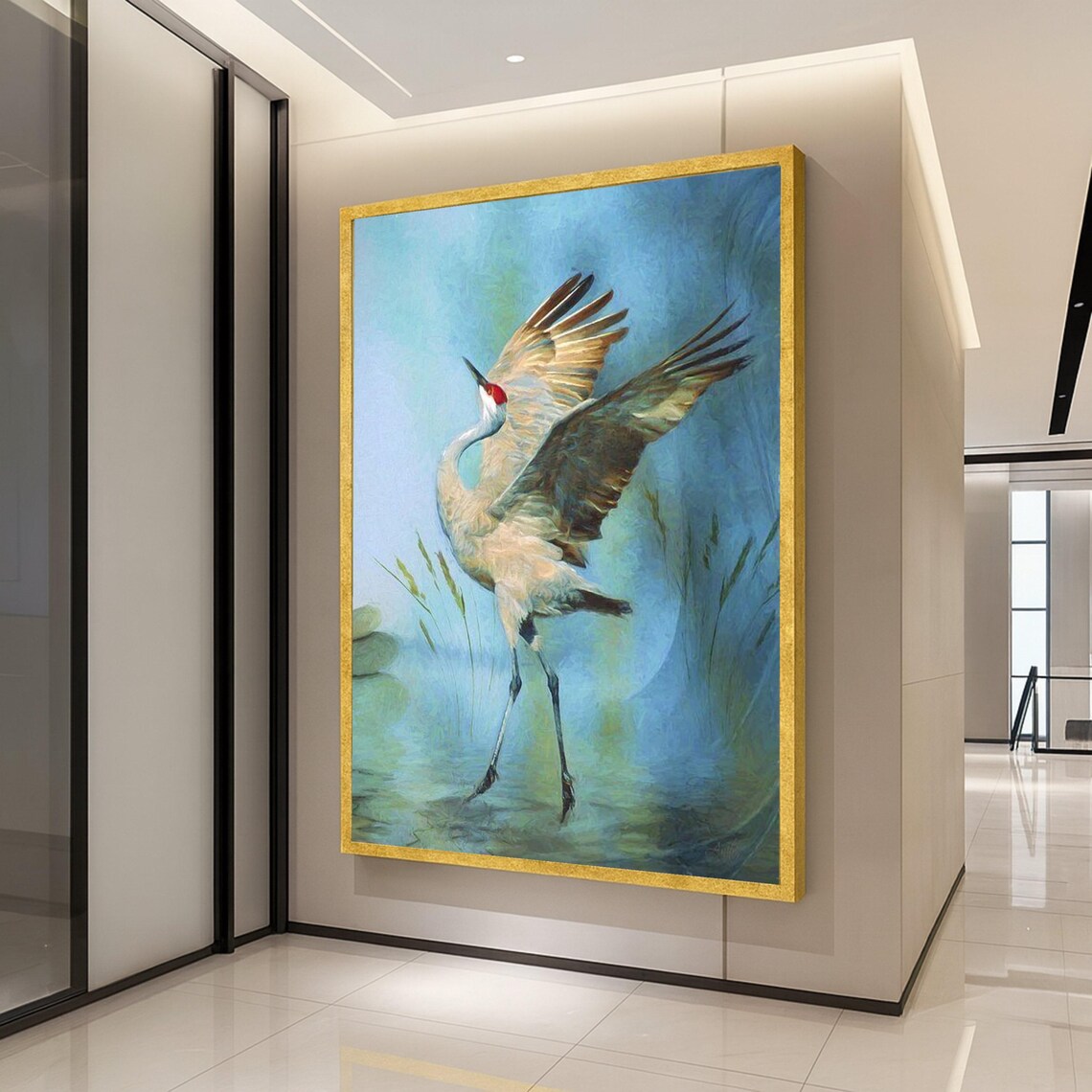 Red Crowned Crane Landing Wetland Wildlife Painting Wall Art